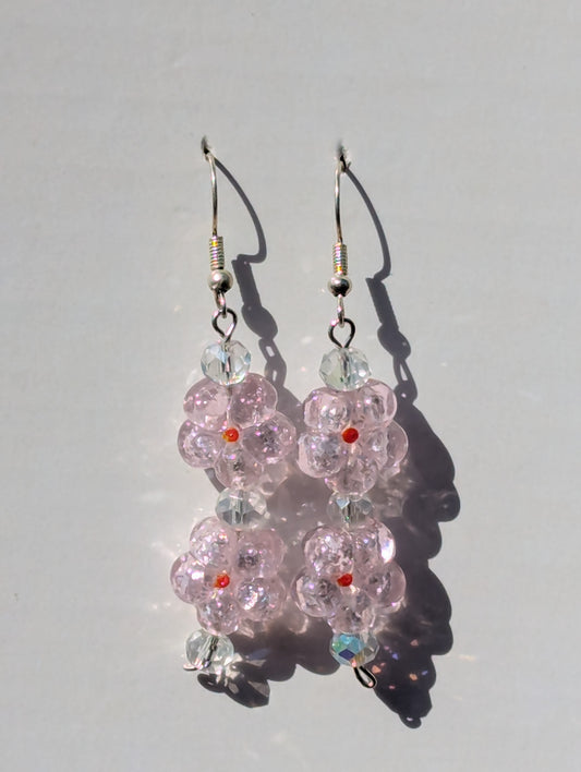 Flower Pink and Clear Glass Earrings